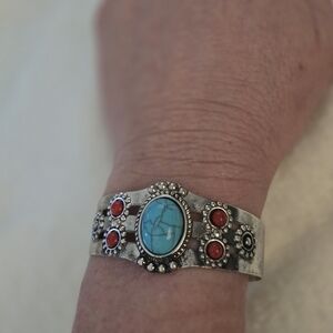 Turquoise and Red Coral Silver Bracelet